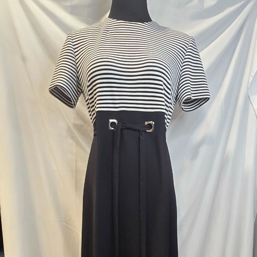 Vintage David Warren Dress Black & White Size 8 Strips Belt Zip
